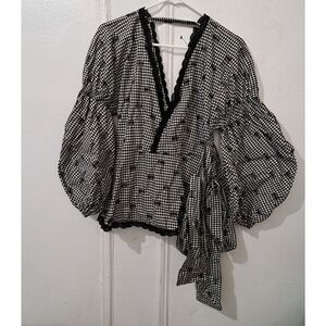 Jonathan Simkhai Womens Small Puffer Baloon Sleeve Gingham Black White Top